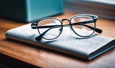 A pair of eyeglasses sit on a book, resting on a wooden table