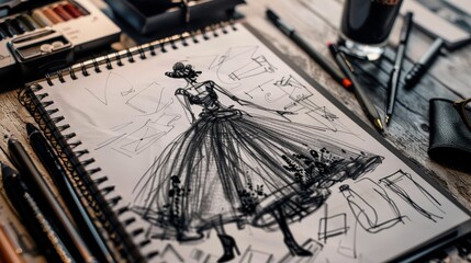 Fashion Design Sketchbook with Pens and Glasses.