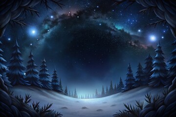 Naklejka premium A tranquil winter night under a starlit sky with pine trees framing the serene snowy landscape, inviting a sense of wonder and calmness in nature’s embrace. Generative AI