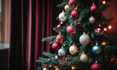 A decorated Christmas tree with red, gold, and silver ornaments stands in front of a red velvet curtain