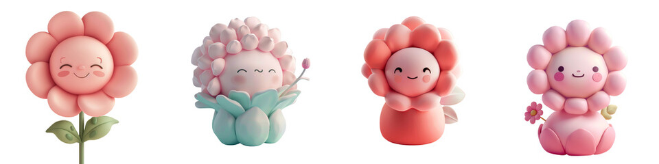 Four cheerful cartoon flowers, each with unique expressions and colors, perfect for children's design and cheerful themes.