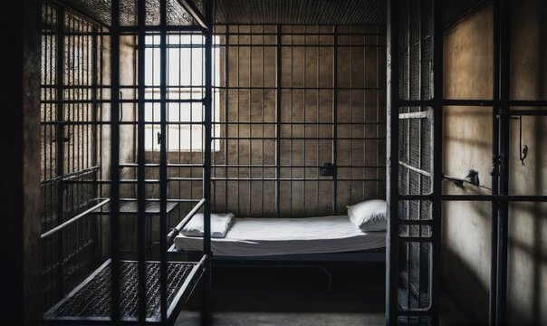 A small prison cell with a bed and a barred window