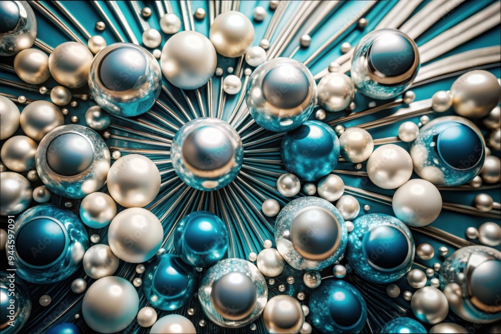 Poster a dazzling array of teal and silver spheres emerges from a textured background, creating a mesmerizi