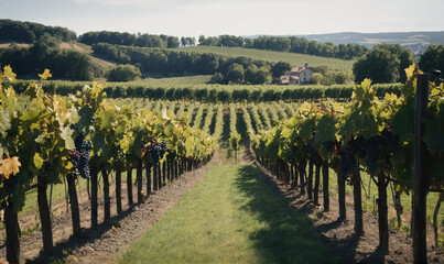 Fototapeta premium A vineyard in the countryside with rows of grapevines and a house in the distance