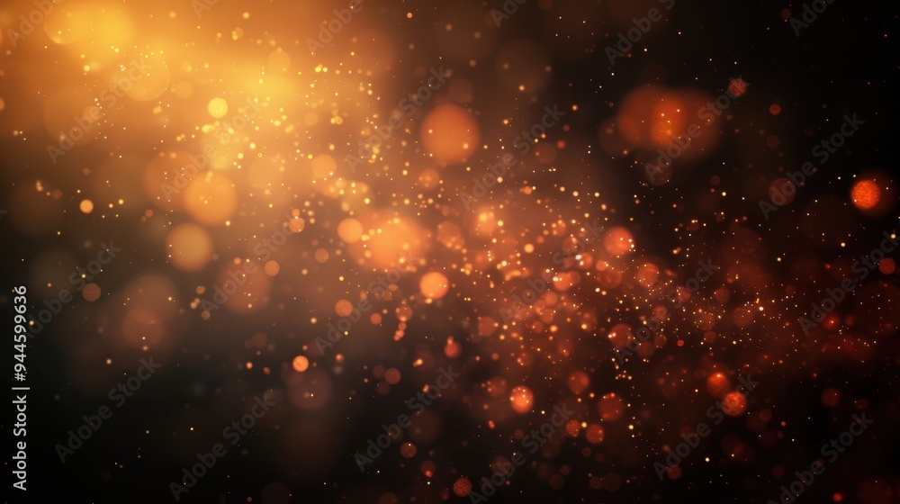 Poster abstract background with warm orange bokeh lights and floating golden particles, creating a festive 