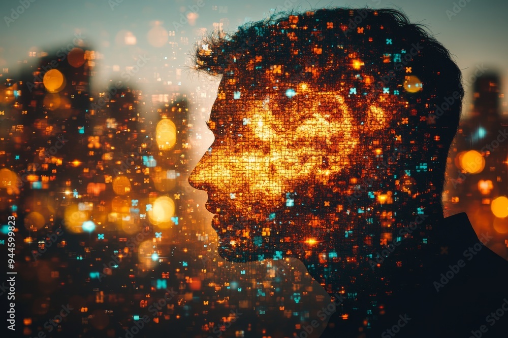 Poster a male profile dissolving into glowing particles symbolizing the ephemerality of thought memory and 