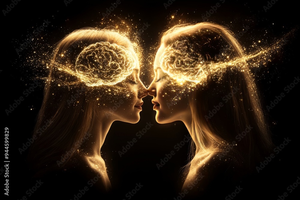 Poster a radiant depiction of two faces made of light symbolizing the profound connection energy and synerg