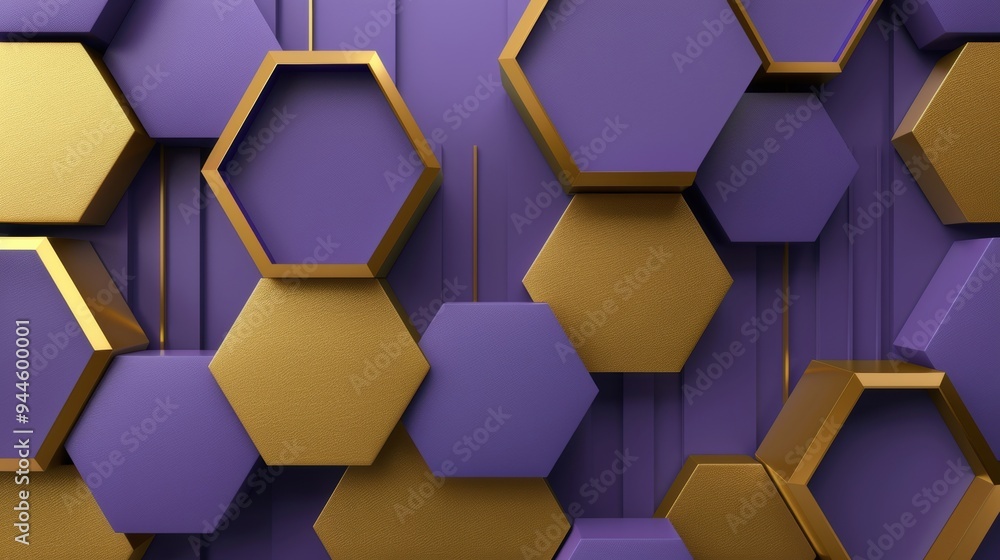 Poster Abstract geometric pattern of purple and gold hexagonal shapes, creating a modern and visually striking 3D effect.