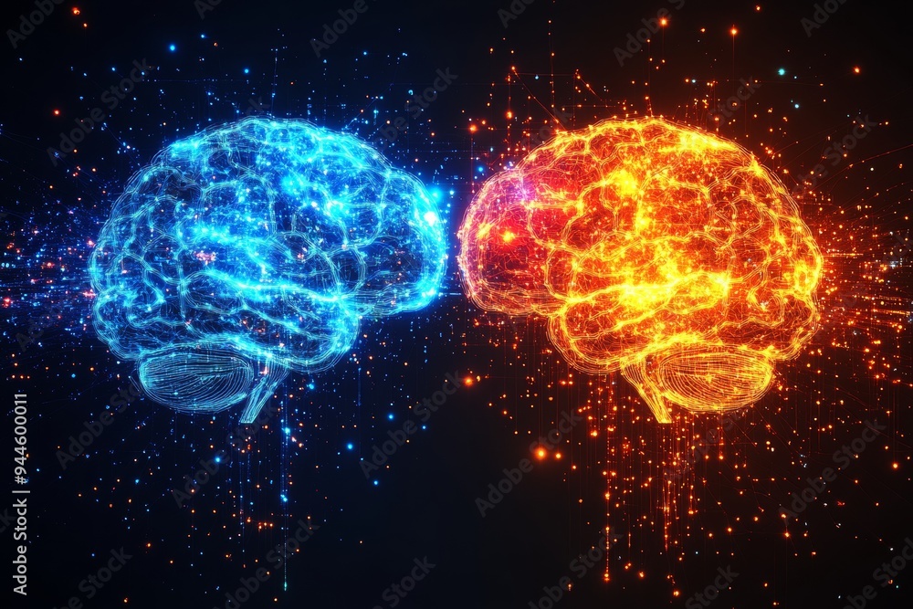 Poster a dynamic illustration of two brains glowing with blue and red energy representing the interplay of 