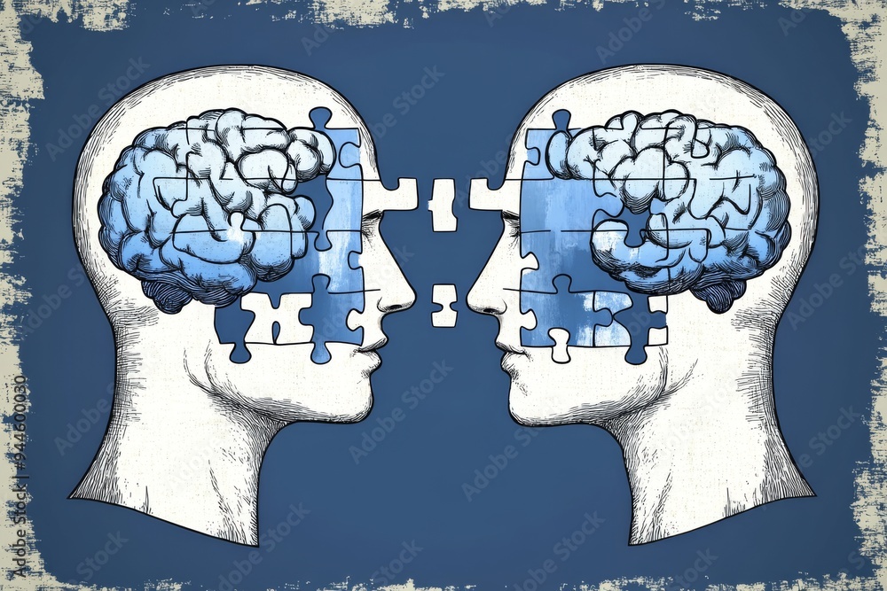 Poster a conceptual image of two human profiles with puzzle pieces symbolizing the connection and complexit