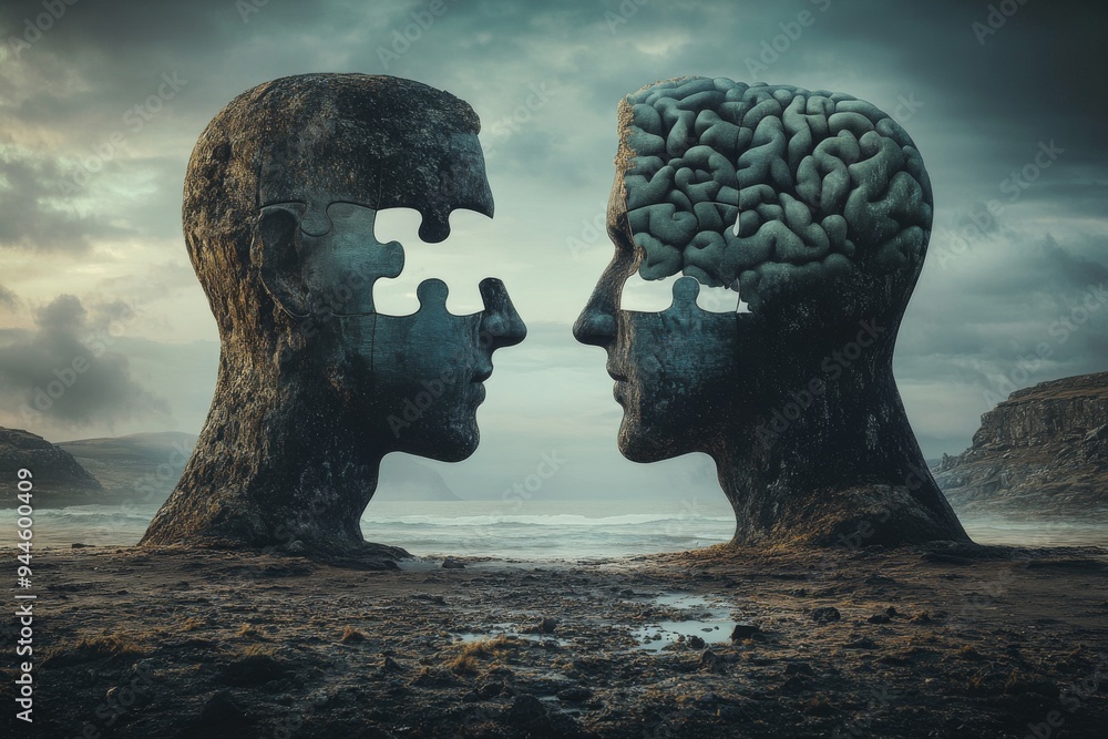 Poster two human profiles with jigsaw puzzle pieces representing the brain facing each other across a desol