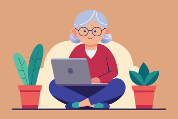 Cute grandma with laptop. Vector flat Illustration