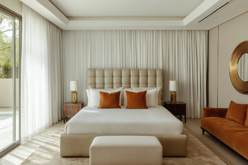 Obraz premium Modern Farmhouse Bedroom with Neutral Accents and Warm, Elegant Design