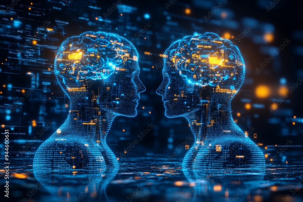 Poster digital representation of two heads facing each other with a network of glowing neural connections s