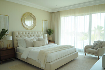 Fototapeta premium Modern Farmhouse Bedroom with Neutral Accents and Warm, Elegant Design