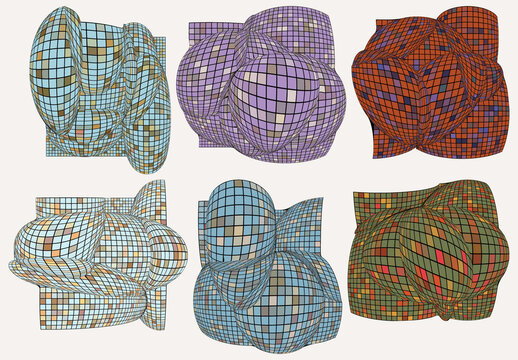 Set of Colored Geometric 3D computer modeled wire frame futuristic objects