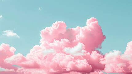 Surreal and dreamy pink cotton candy-like clouds floating in a bright blue sky, creating a whimsical and playful atmosphere.