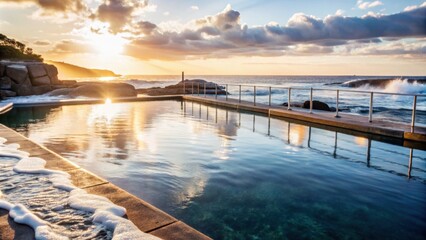 Obraz premium Sunset glows over a tranquil poolside retreat, where golden rays dance on gentle waves along the coastline, creating a serene evening ambiance. Generative AI