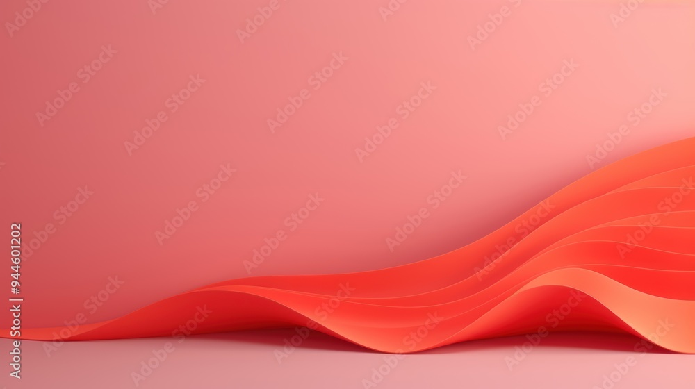 Poster minimalist abstract design with flowing paper-like waves in red and pink, creating a soft, elegant, 