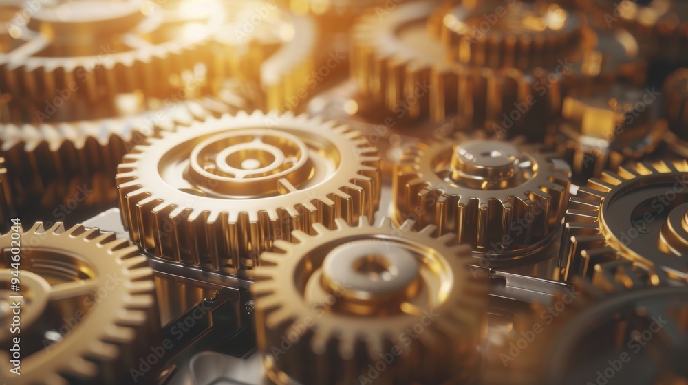 Poster golden metallic gears interlock in a close-up view, showing the intricate design and movement of a m