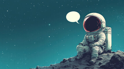 Cute Astronaut is standing on a rocky surface with bubble speech.
