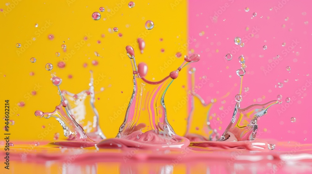 Poster dynamic splashes of pink liquid in motion against a vibrant yellow and pink backdrop, creating a col