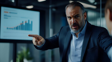 Angry businessman with a furrowed brow, pointing aggressively at a colleague during a heated meeting, with a projector showing declining sales charts in the background