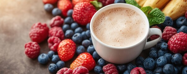 Start Your Day with a Delicious and Refreshing Artisan Breakfast Drink Crafted Beverage for a Healthy Morning Enjoy a Smooth and Creamy Latte with Fresh Berries and Banana Perfect for a Quick and