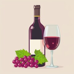 Obraz premium Vector illustration of grape, grape, wine bottle and glass