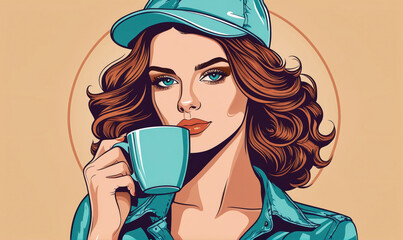 A woman with brown hair and a blue cap sips from a blue mug