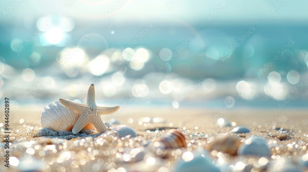 Poster a starfish and seashells resting on a sandy beach, with sparkling bokeh and soft ocean waves in the 