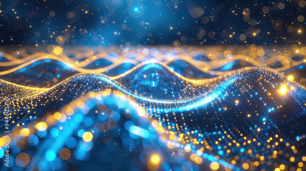 Poster futuristic digital landscape with flowing blue and gold waves of light particles, creating a dynamic