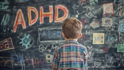 Young boy looks at blackboard with ADHD written on it amid doodles and drawings