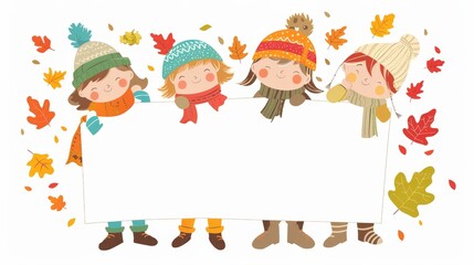 Fototapeta premium Happy Kids Holding Blank Banner With Autumn Leaves.