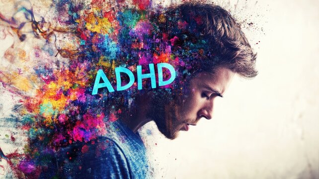 Graphic illustration depicting ADHD with colorful abstract elements around thoughtful young man
