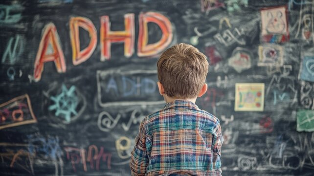 Young boy looks at blackboard with ADHD written on it amid doodles and drawings