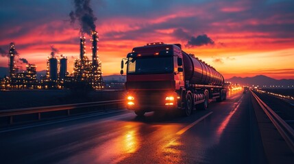 A red semi truck is driving down a road at night. The sky is orange and the sun is setting