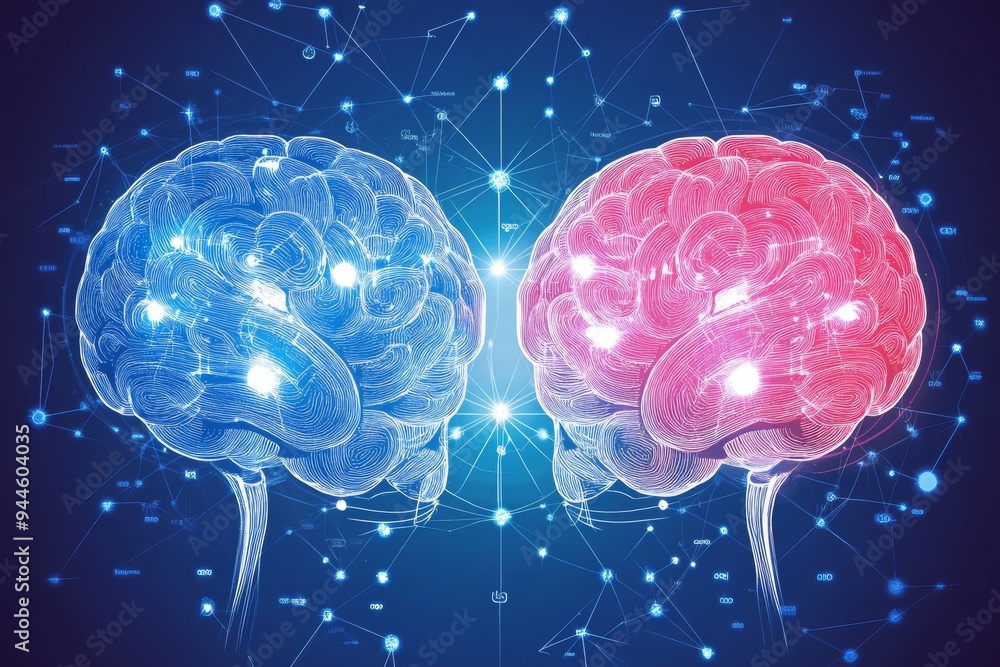 Poster digital illustration of two glowing brains in space symbolizing the exchange and connection of thoug