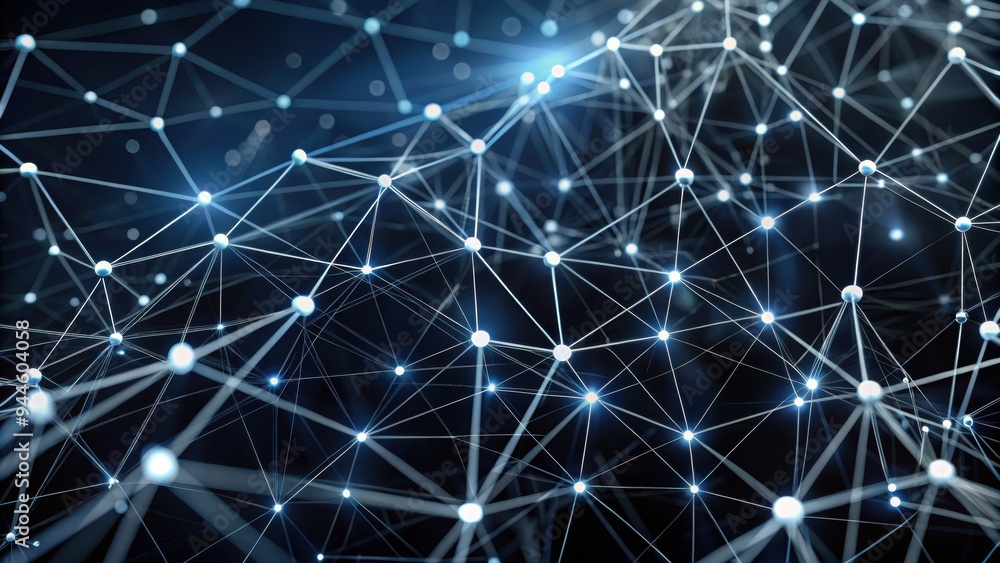 Poster an intricate network of luminous nodes and connections creating a digital landscape that reflects in