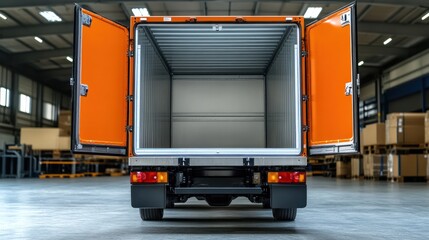 A large open truck with a orange door.