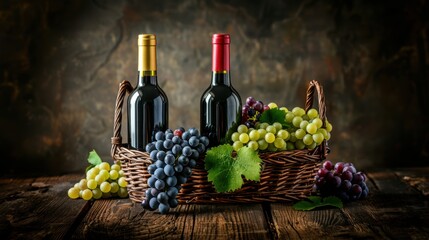 Fototapeta premium Fresh grape, grape wine bottle over texture background