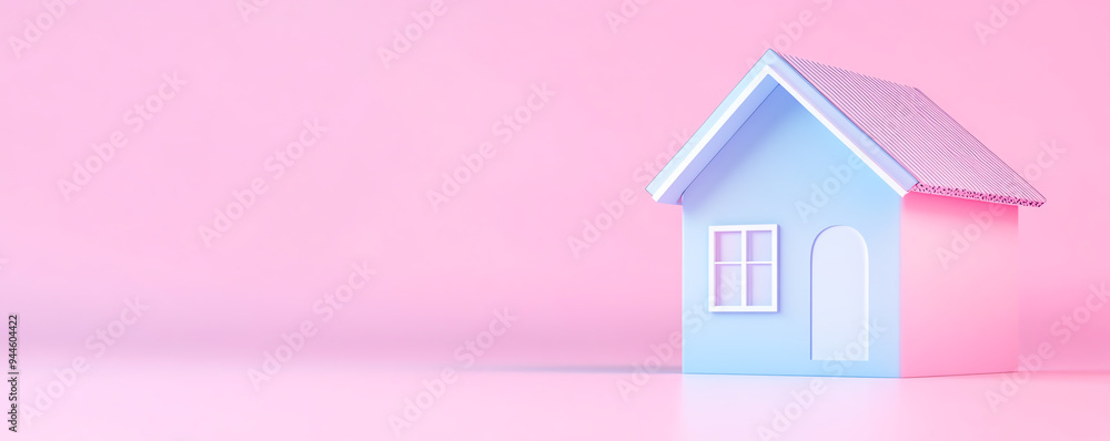 Wall mural a cute pastel blue house isolated on a soft pink background, perfect for home, lifestyle, or real es