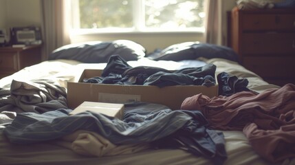A disorganized bedroom scene with clothing and cardboard boxes on a bed, suggesting packing, moving, or clutter.