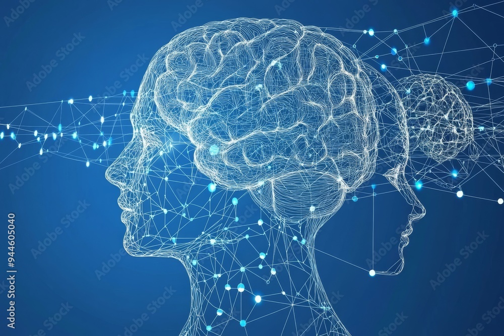 Poster digital illustration of two human profiles with interconnected neural networks symbolizing the compl