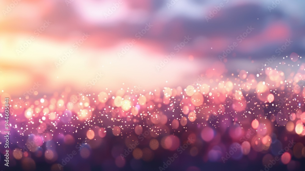 Poster soft, pastel-colored bokeh lights float in a dreamy sunset atmosphere, creating an abstract and sere