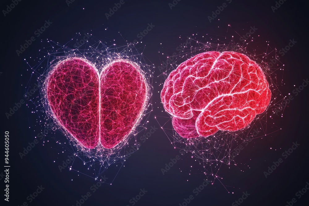 Poster two glowing brains shaped like hearts symbolizing the deep connection between love and intellect whe