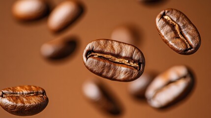 Fototapeta premium Suspended coffee beans macro shot