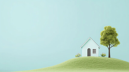 Fototapeta premium A serene landscape featuring a charming house on a gentle hill, surrounded by a lush tree under a clear blue sky.