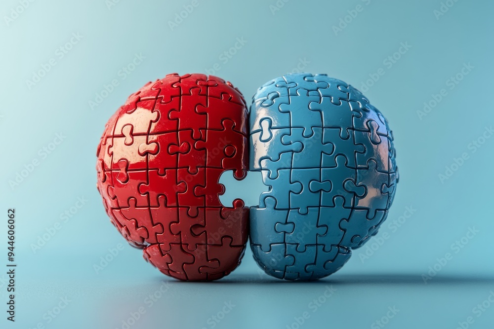 Aufkleber abstract representation of two heads made of puzzle pieces one red and one blue symbolizing the cont