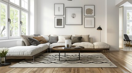 Modern living room interior with sectional sofa, coffee table, rug, and art.